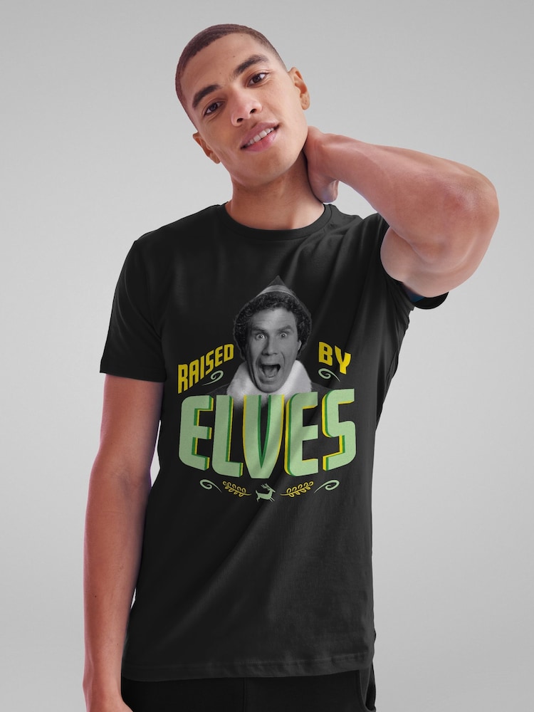 All + Every Black Elf Christmas Raised By Elves Mens 100% Cotton T-Shirt - Image 2 of 4