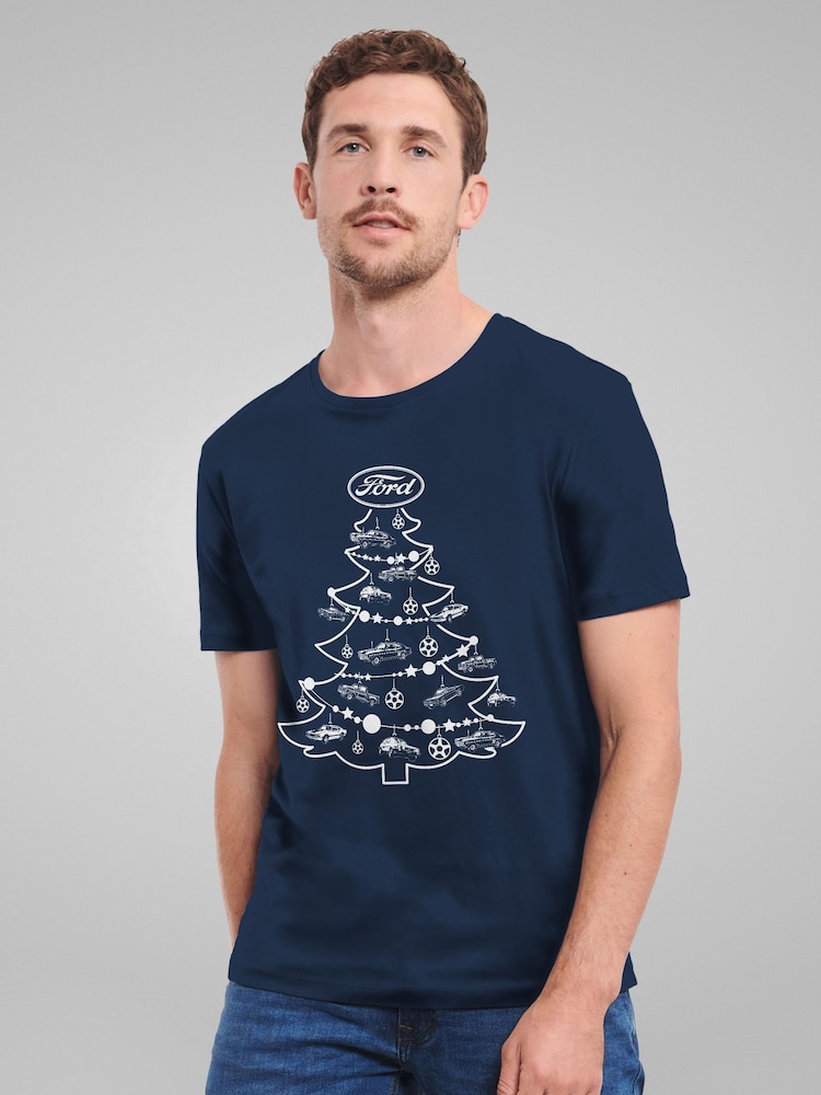 All + Every Blue Ford Christmas Tree Baubles Mens 100% Cotton T-Shirt - Image 1 of 4