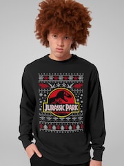 All + Every Black Jurassic Park Logo Christmas Knit Pattern Mens Sweatshirt - Image 1 of 4