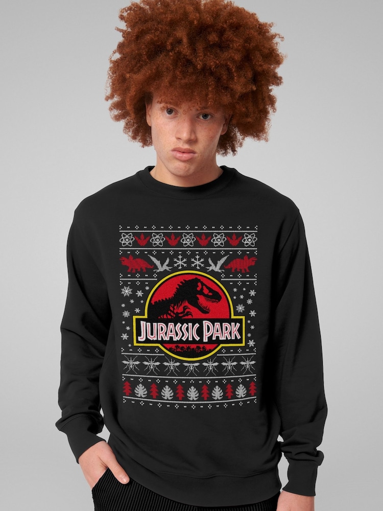 All + Every Black Jurassic Park Logo Christmas Knit Pattern Mens Sweatshirt - Image 1 of 4