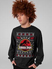All + Every Black Jurassic Park Logo Christmas Knit Pattern Mens Sweatshirt - Image 2 of 4