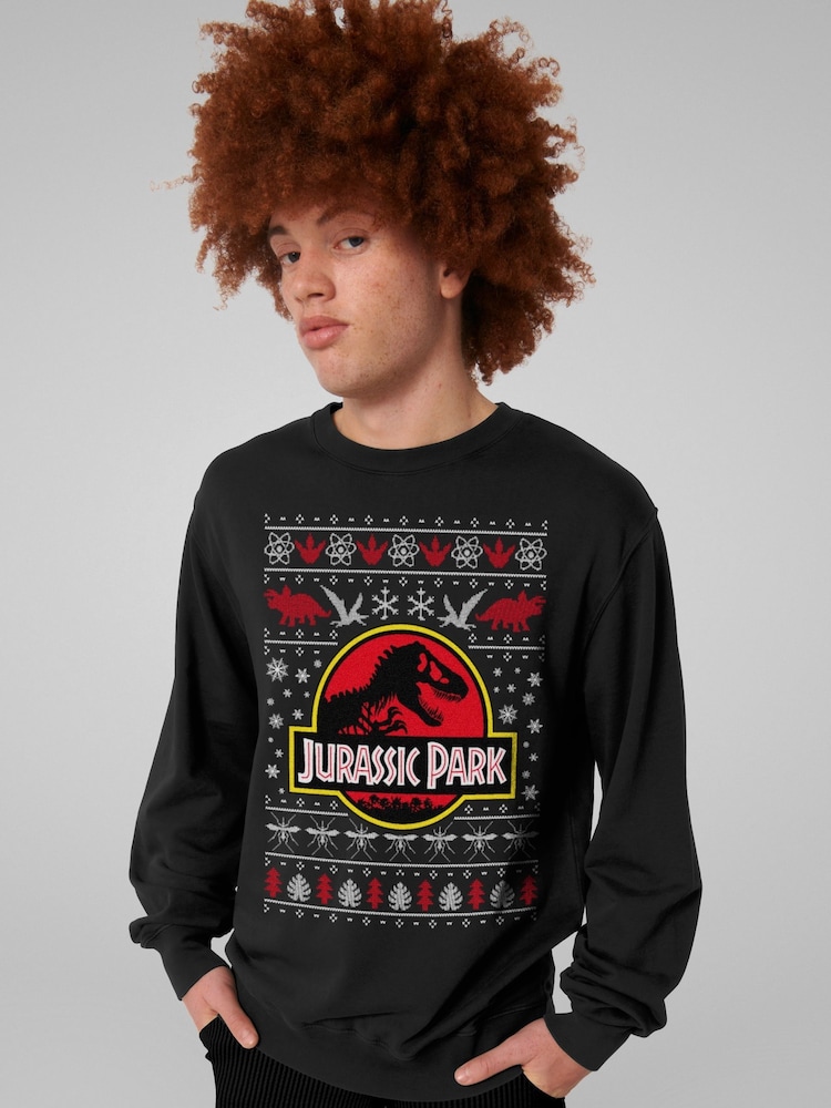 All + Every Black Jurassic Park Logo Christmas Knit Pattern Mens Sweatshirt - Image 2 of 4