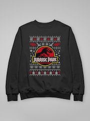 All + Every Black Jurassic Park Logo Christmas Knit Pattern Mens Sweatshirt - Image 3 of 4