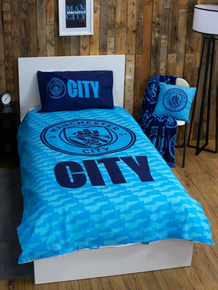 Character World Blue Manchester City FC Reversible Polycotton Duvet Cover Set - Image 1 of 5