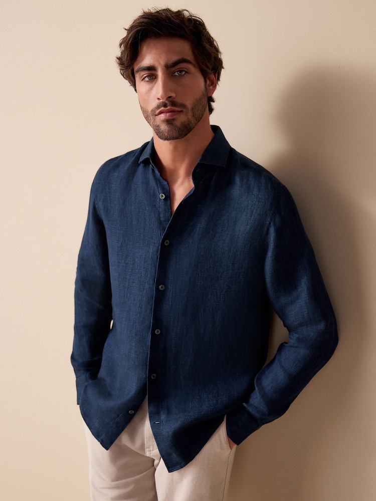 Navy Regular Fit Signature 100% Delave Linen Long Sleeve Shirt - Image 1 of 4