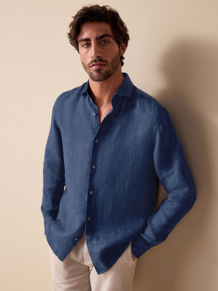 Navy Regular Fit Signature 100% Delave Linen Long Sleeve Shirt - Image 1 of 7 Navy Regular Fit Signature 100% Delave Linen Long Sleeve Shirt - Image 1 of 7