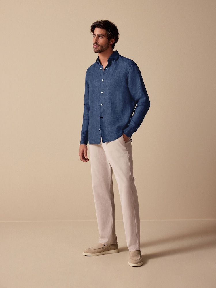Navy Regular Fit Signature 100% Delave Linen Long Sleeve Shirt - Image 2 of 7 Navy Regular Fit Signature 100% Delave Linen Long Sleeve Shirt - Image 2 of 7