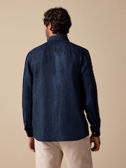 Navy Regular Fit Signature 100% Delave Linen Long Sleeve Shirt - Image 3 of 4