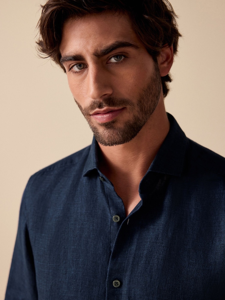 Navy Regular Fit Signature 100% Delave Linen Long Sleeve Shirt - Image 4 of 4