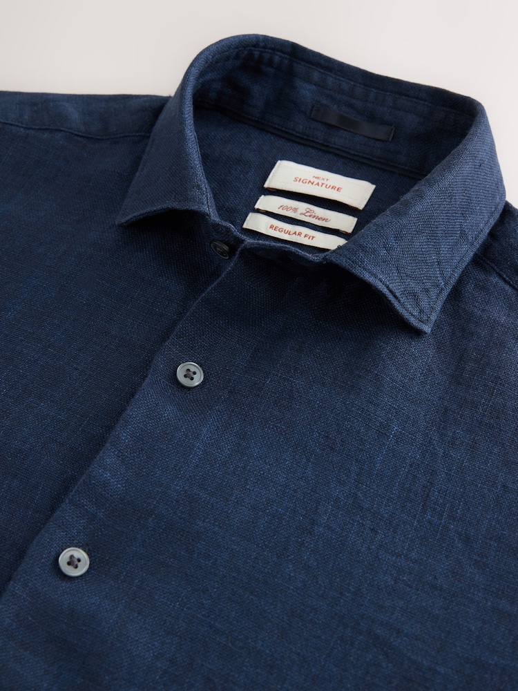Navy Regular Fit Signature 100% Delave Linen Long Sleeve Shirt - Image 7 of 7 Navy Regular Fit Signature 100% Delave Linen Long Sleeve Shirt - Image 7 of 7
