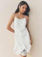 White Strappy Scalloped Sequin Mini Dress - Image 1 of 8