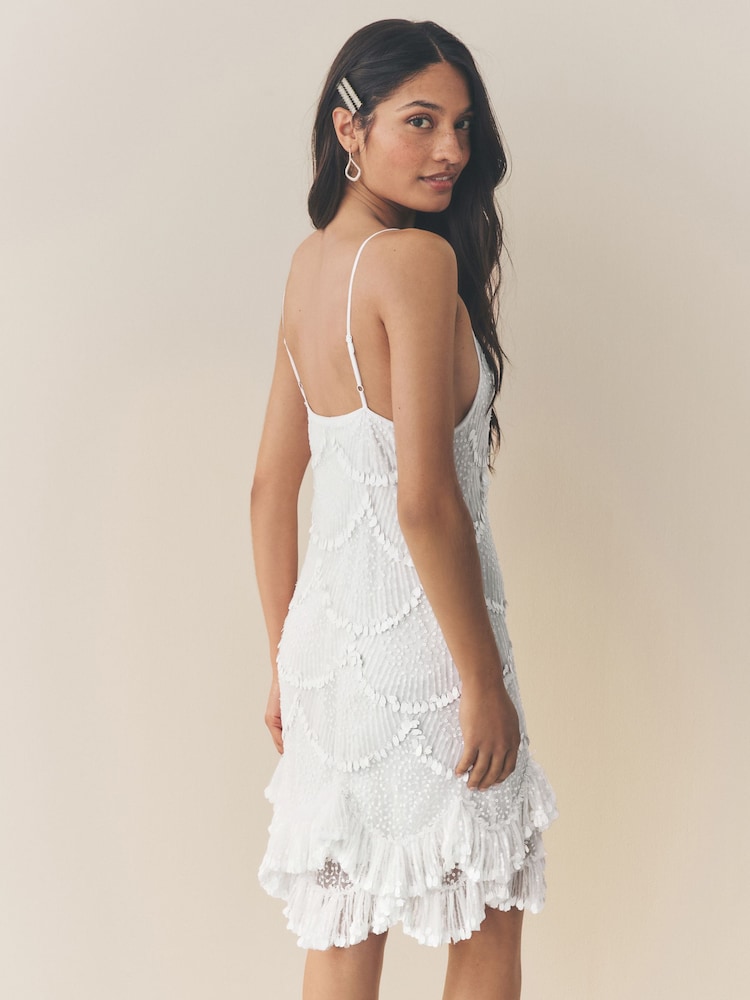 White Strappy Scalloped Sequin Mini Dress - Image 2 of 8