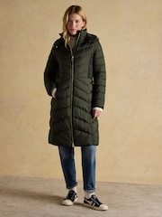 Joules Pembury Khaki Green Showerproof Longline Padded Coat with Hood - Image 1 of 10