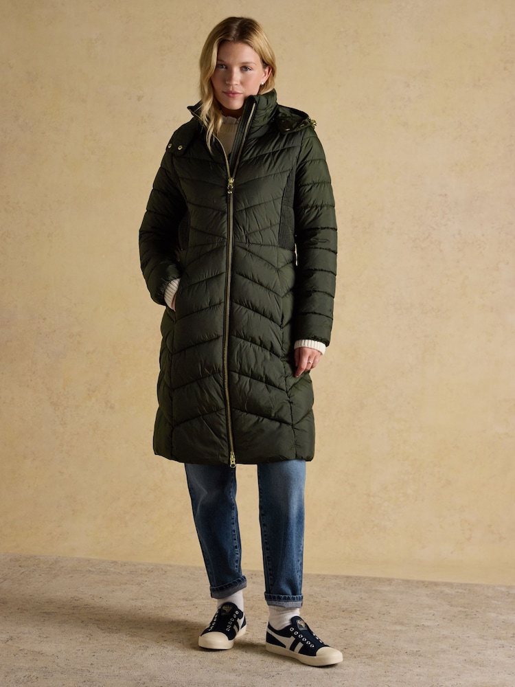 Joules Pembury Khaki Green Showerproof Longline Padded Coat with Hood - Image 1 of 10