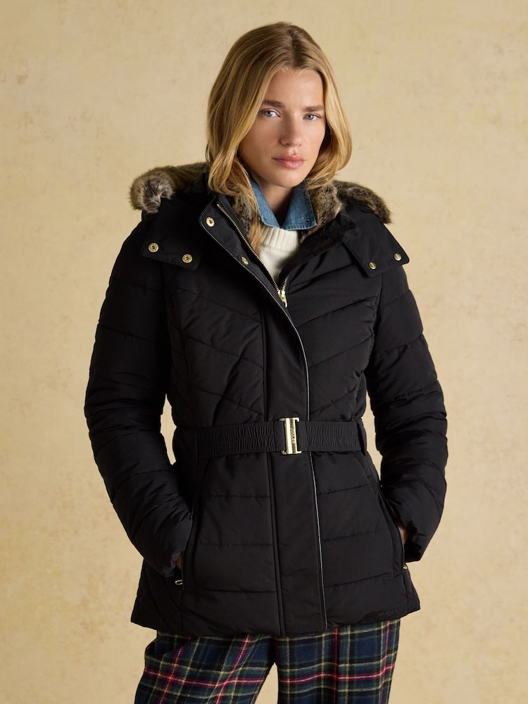 Joules Aspen Black Showerproof Padded Coat with Faux Fur Hood - Image 1 of 11