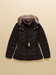 Joules Aspen Black Showerproof Padded Coat with Faux Fur Hood - Image 11 of 11