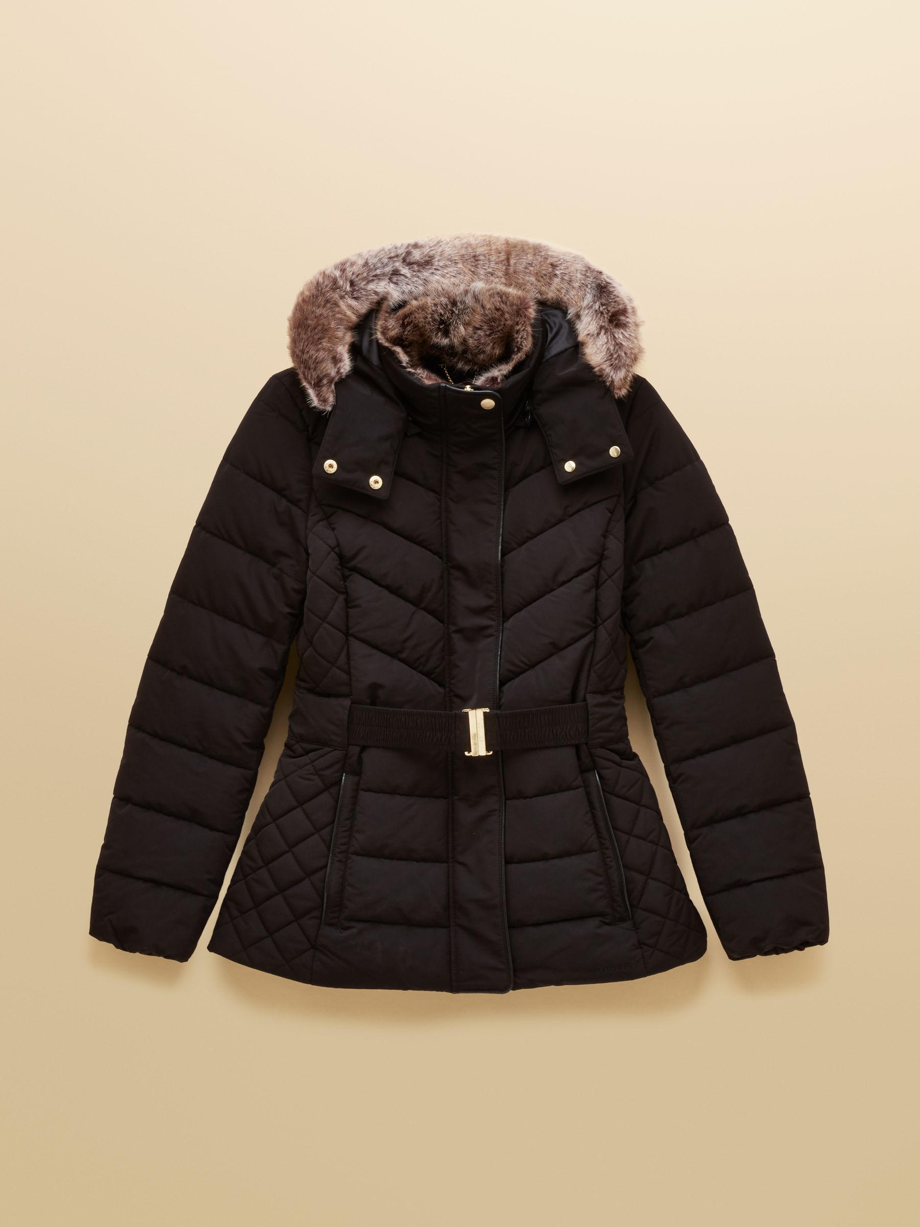 Buy Joules Aspen Black Showerproof Padded Coat with Faux Fur Hood