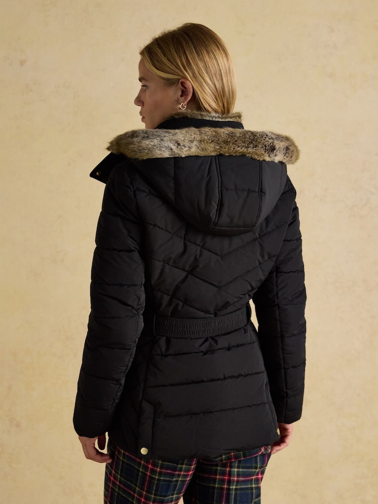 Joules Aspen Black Showerproof Padded Coat with Faux Fur Hood - Image 2 of 11