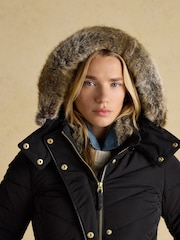 Joules Aspen Black Showerproof Padded Coat with Faux Fur Hood - Image 4 of 11