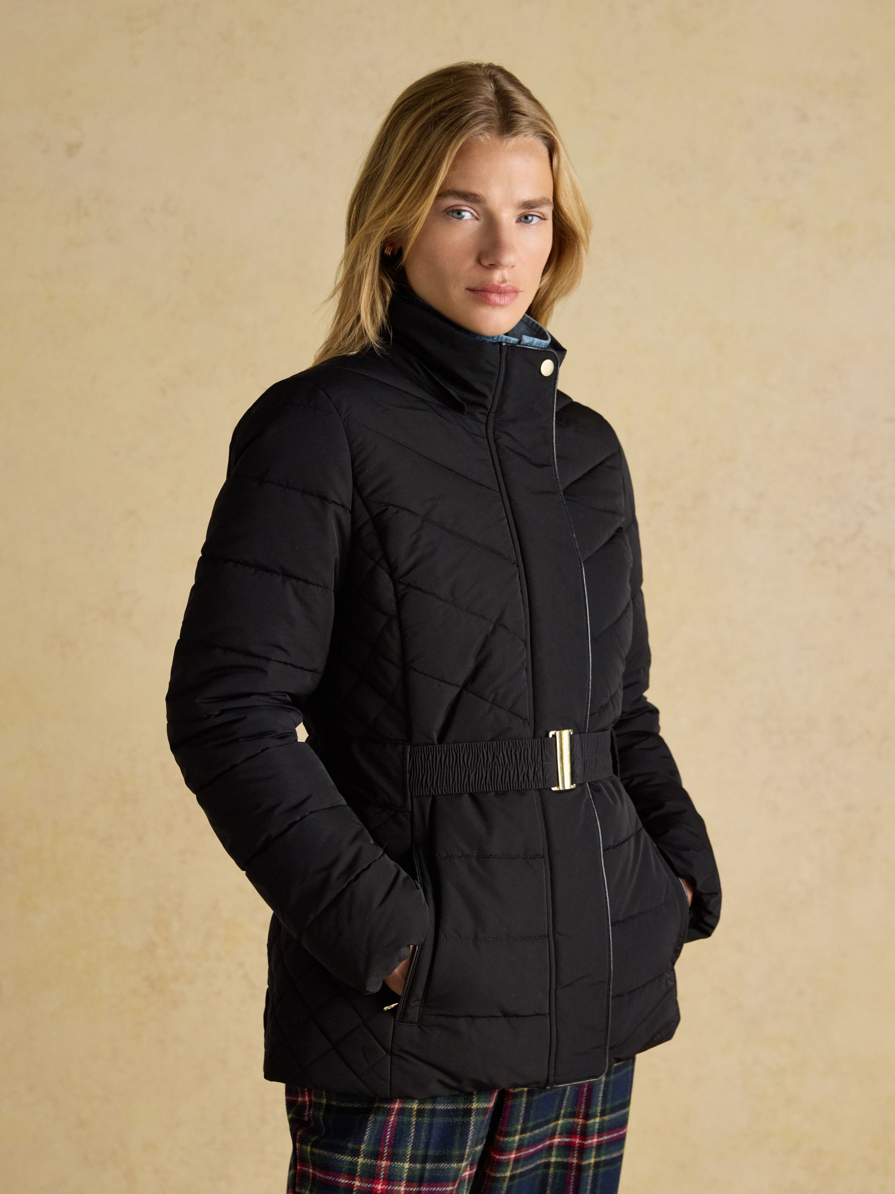 Buy Joules Aspen Black Showerproof Padded Coat with Faux Fur Hood