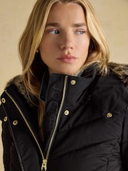 Joules Aspen Black Showerproof Padded Coat with Faux Fur Hood - Image 6 of 11