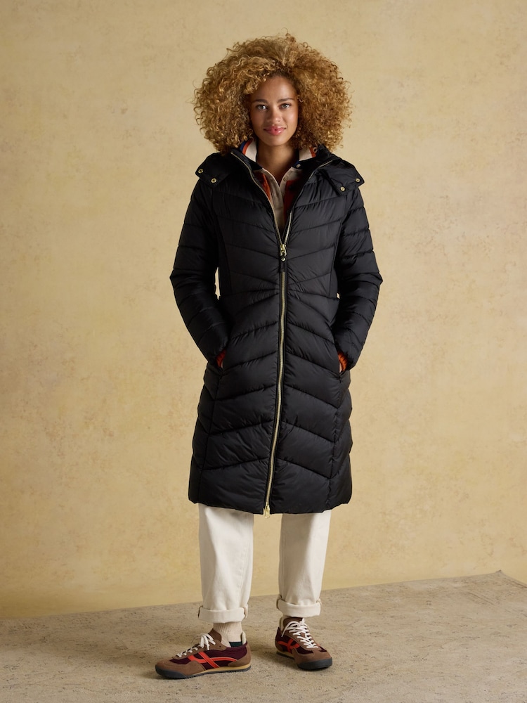 Preto - Joules Pembury Showerproof Longline Padded Coat with Hood - Imagem 1 de 10