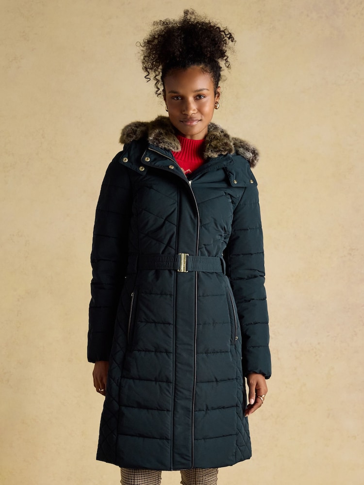 Joules Aspen Navy Showerproof Longline Padded Coat with Faux Fur Hood - Image 1 of 14 Joules Aspen Navy Showerproof Longline Padded Coat with Faux Fur Hood - Image 1 of 14