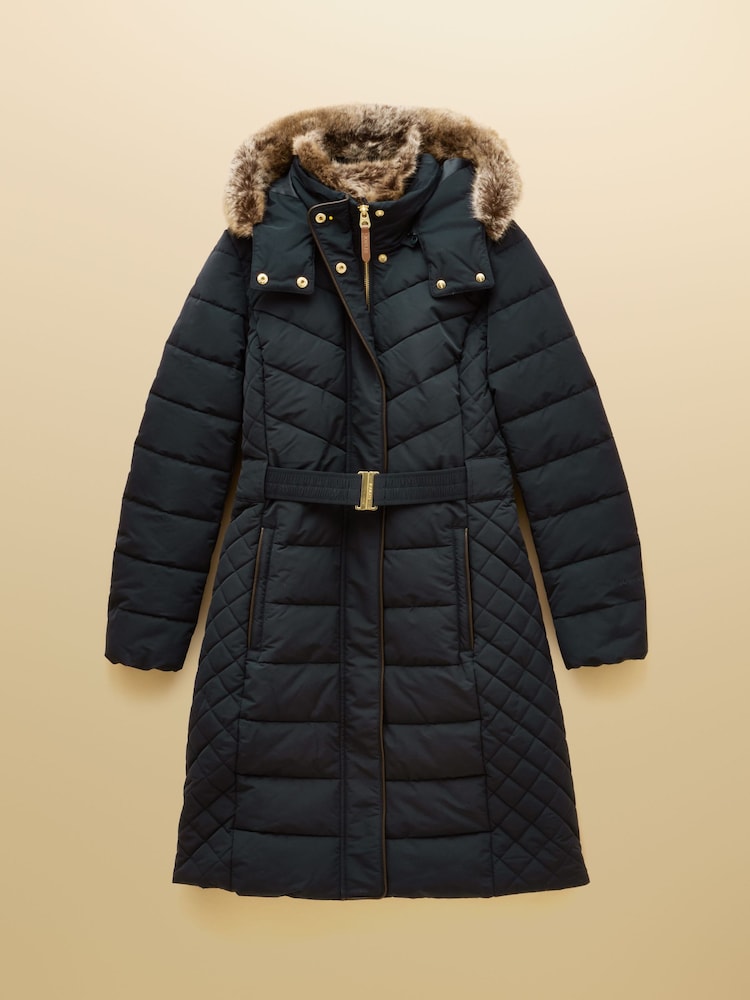 Joules Aspen Navy Showerproof Longline Padded Coat with Faux Fur Hood - Image 14 of 14
