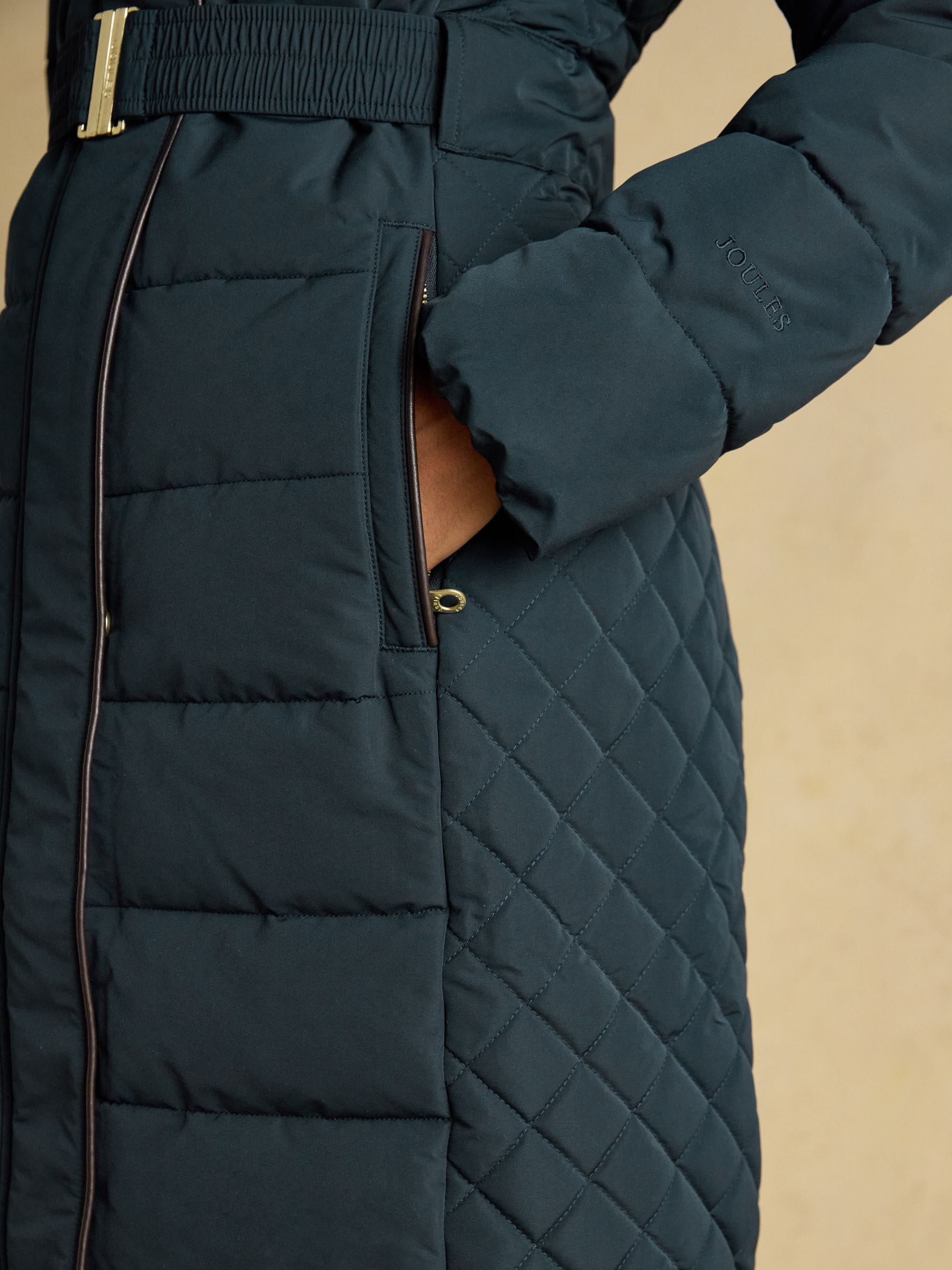 Buy Joules Aspen Navy Showerproof Longline Padded Coat with Faux
