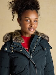 Joules Aspen Navy Showerproof Longline Padded Coat with Faux Fur Hood - Image 5 of 14