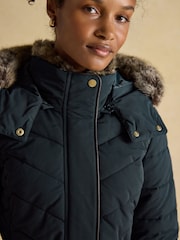Joules Aspen Navy Showerproof Longline Padded Coat with Faux Fur Hood - Image 7 of 14