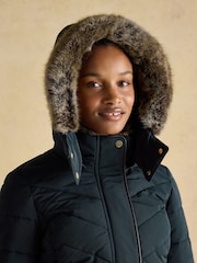 Joules Aspen Navy Showerproof Longline Padded Coat with Faux Fur Hood - Image 9 of 14