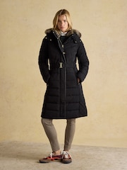 Joules Aspen Light Blue Showerproof Longline Padded Coat with Faux Fur Hood - Image 1 of 13