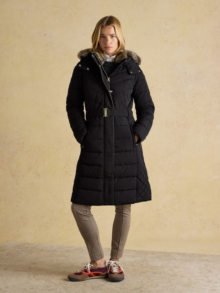 Joules Aspen Light Blue Showerproof Longline Padded Coat with Faux Fur Hood - Image 1 of 13
