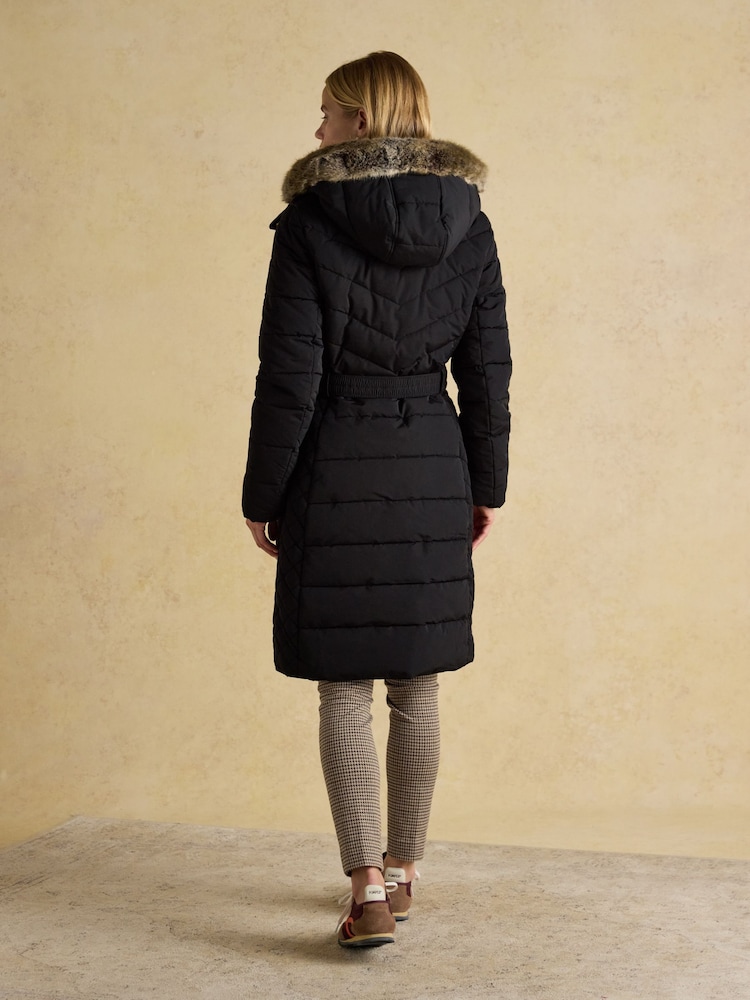 Joules Aspen Light Blue Showerproof Longline Padded Coat with Faux Fur Hood - Image 2 of 13