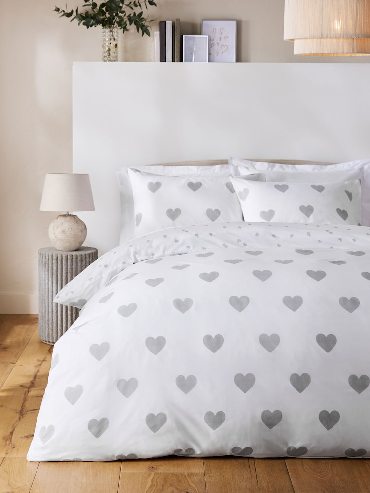 Grey Heart Reversible Duvet Cover and Pillowcase Set - Image 1 of 6