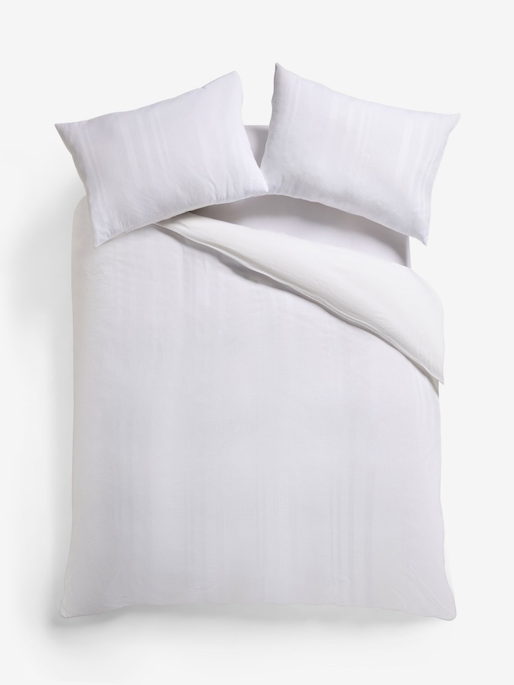 White 100% Cotton Waffle 300 Thread Count Sateen Duvet Cover and Pillowcase Set - Image 1 of 11