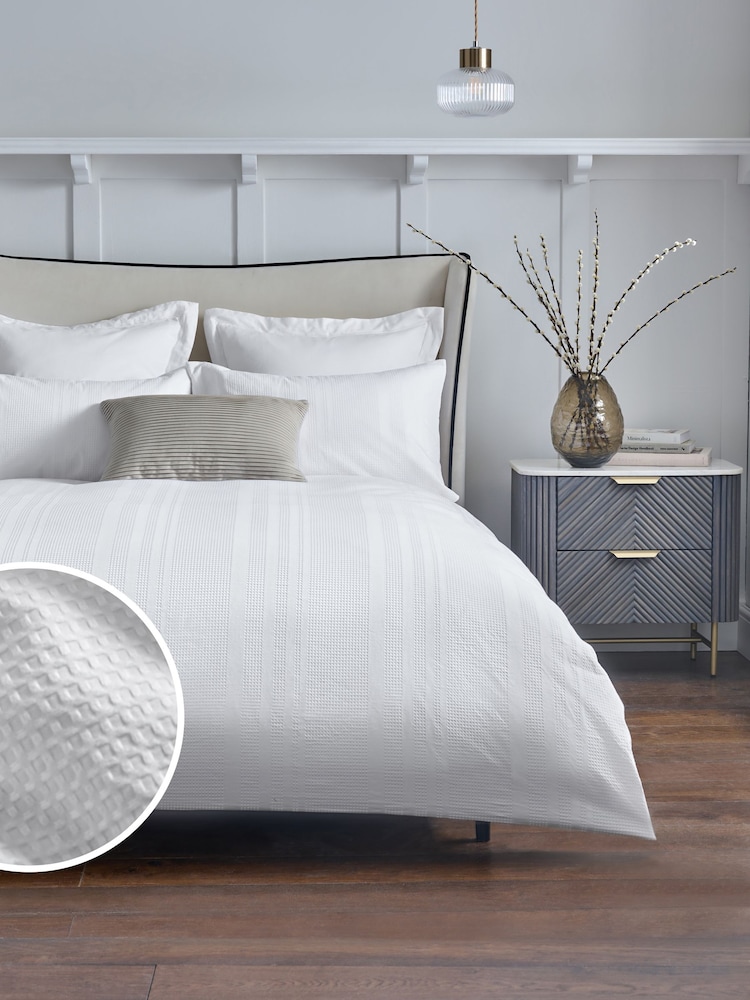 White 100% Cotton Waffle 300 Thread Count Sateen Duvet Cover and Pillowcase Set - Image 2 of 11