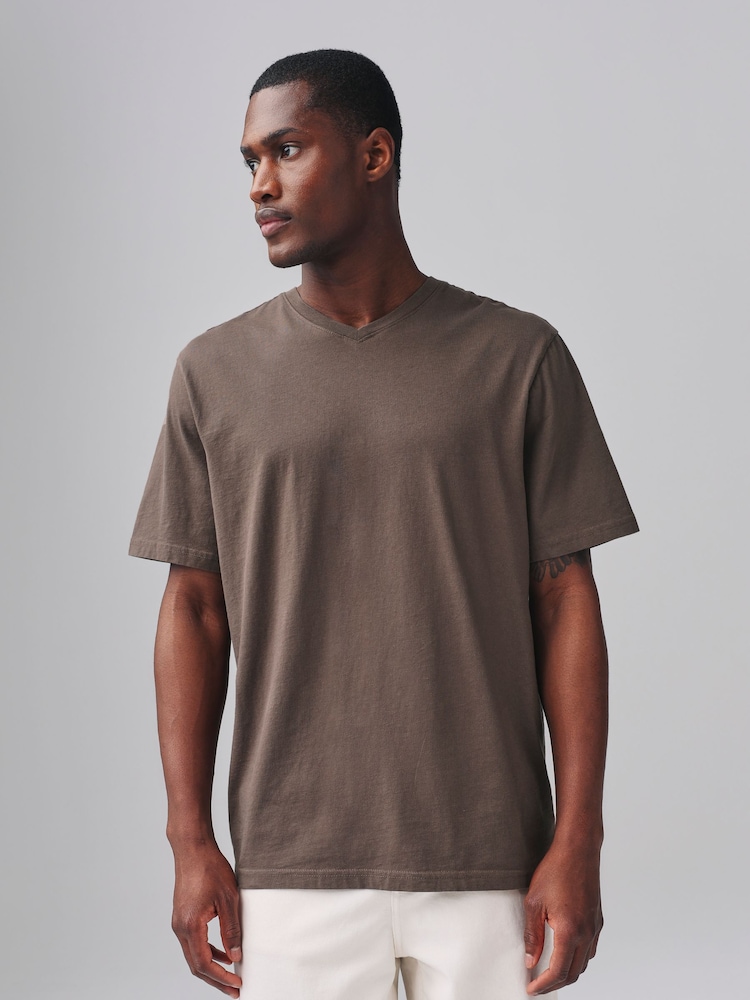 Neutral Brown Regular Fit Essential V-Neck T-Shirt - Image 1 of 7