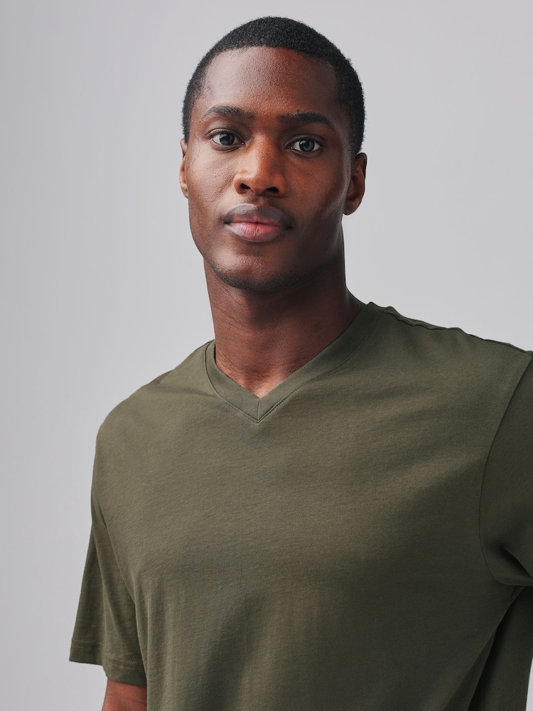 Green Khaki Regular Fit Essential V-Neck T-Shirt - Image 3 of 7
