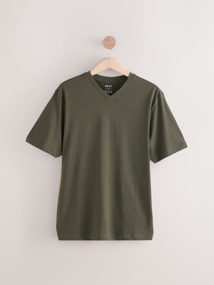 Green Khaki Regular Fit Essential V-Neck T-Shirt - Image 5 of 7