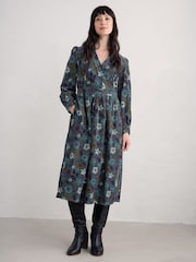Seasalt Cornwall Blue Tall Cottage Printed Cord Midi 100% Organic Cotton Dress - Image 1 of 5