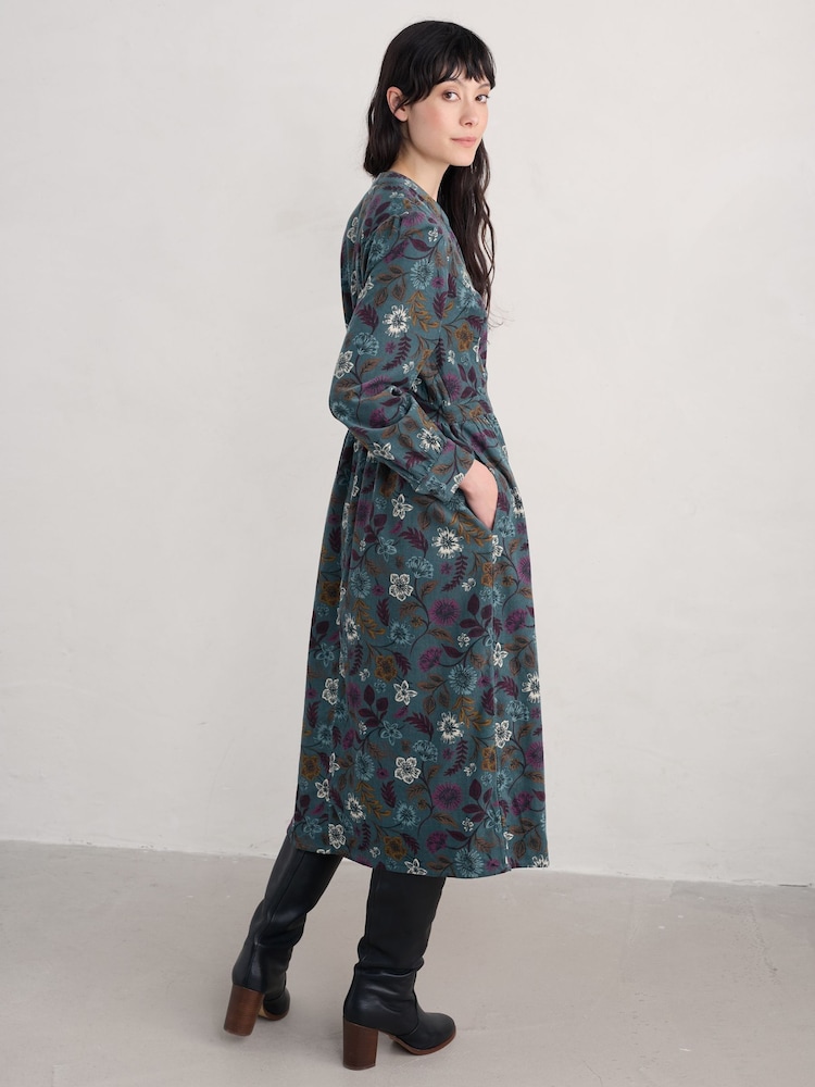 Seasalt Cornwall Blue Tall Cottage Printed Cord Midi 100% Organic Cotton Dress - Image 2 of 5