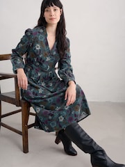 Seasalt Cornwall Blue Tall Cottage Printed Cord Midi 100% Organic Cotton Dress - Image 3 of 5