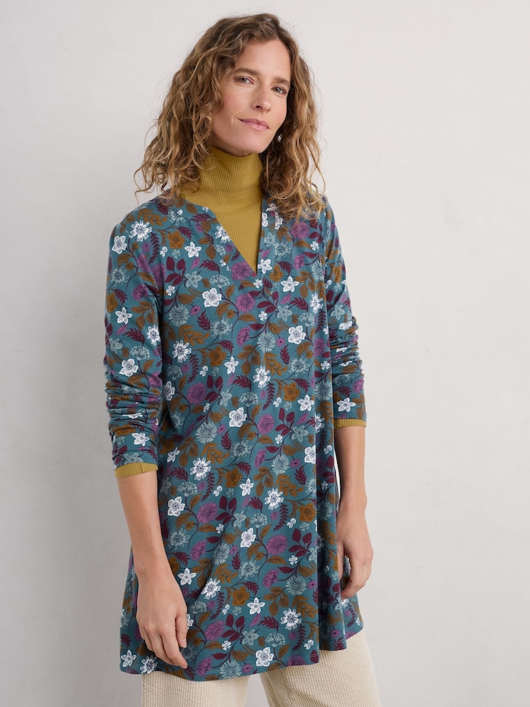 Seasalt Cornwall Woodblock Bloom Dusky Jade Wreathe Jersey Tunic - Image 1 of 5