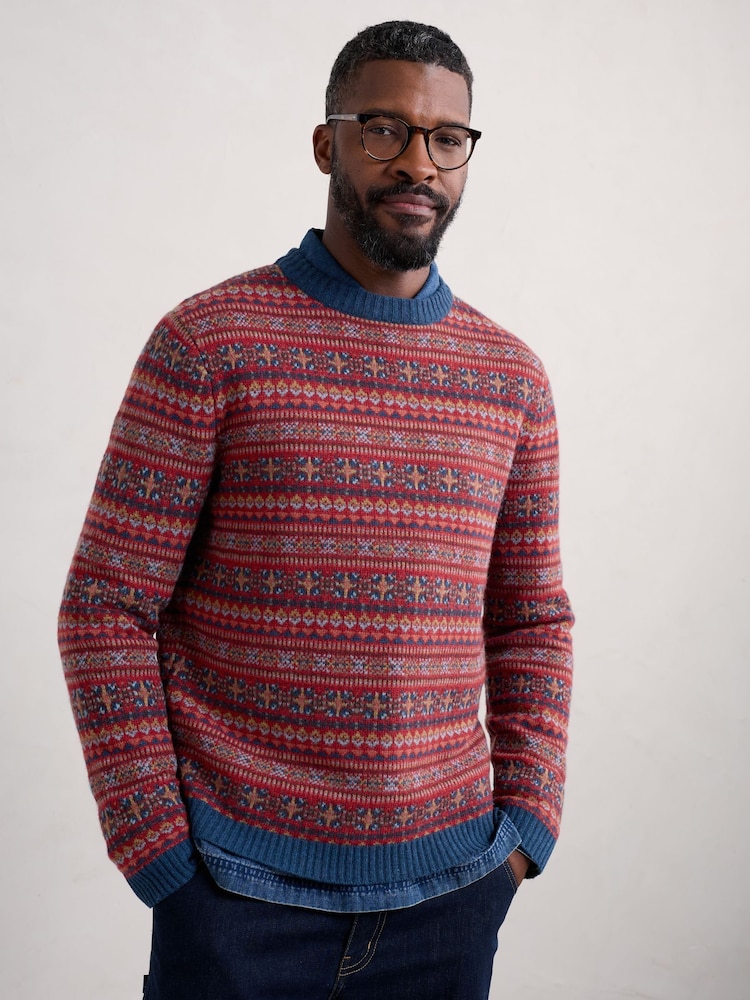 Seasalt Cornwall Red Mens Halyard Fairisle Pattern Jumper - Image 1 of 5 Seasalt Cornwall Red Mens Halyard Fairisle Pattern Jumper - Image 1 of 5