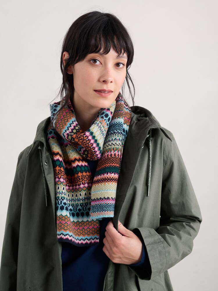 Seasalt Cornwall Black Multi Bright Line Fairisle Pattern Scarf - Image 1 of 4 Seasalt Cornwall Black Multi Bright Line Fairisle Pattern Scarf - Image 1 of 4