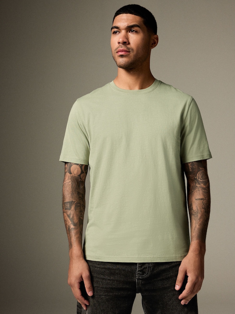 Green Sage - Regular Fit - Essential Crew Neck Cotton T-Shirt - Image 1 of 8 Green Sage - Regular Fit - Essential Crew Neck Cotton T-Shirt - Image 1 of 8