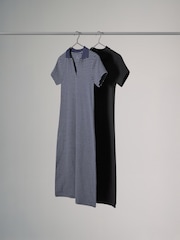 The Set Navy/Neutral Navy Stripe 2 Pack Ribbed Polo Neck Short Sleeved Midi Dress - Image 1 of 3