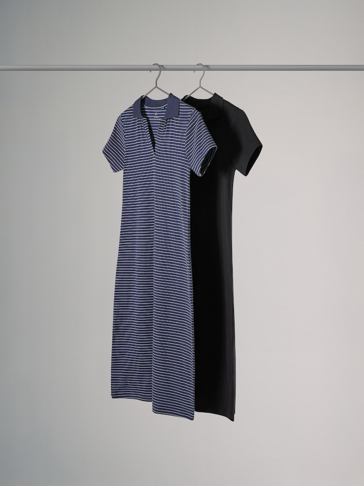 The Set Navy/Neutral Navy Stripe 2 Pack Ribbed Polo Neck Short Sleeved Midi Dress - Image 1 of 3